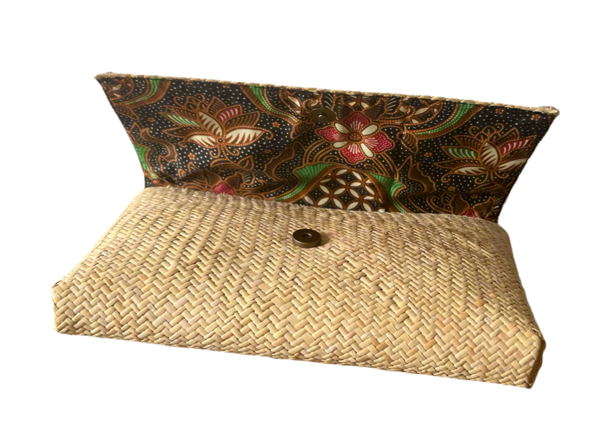 Rattan Clutch with Batik Print Lining