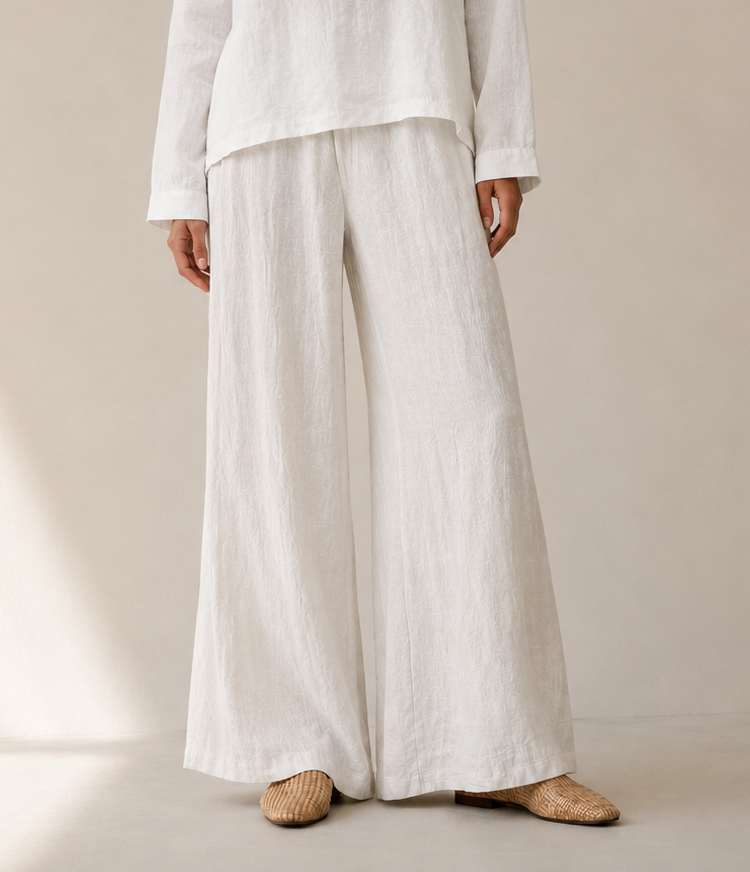 Linen Smocked Waist Palazzo Pants (Stone)