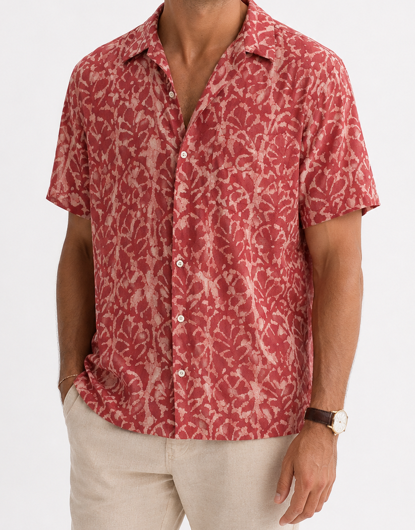 Hand-Block Printed Cotton Voile Shirt - Brick Vine
