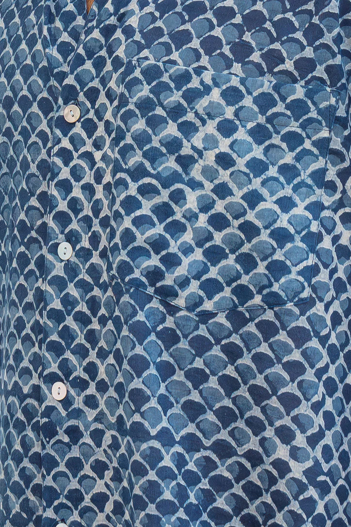 Hand-Block Printed Cotton Voile Shirt - Indigo Scales