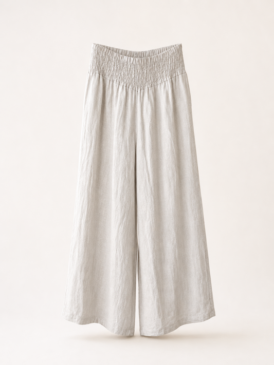 Linen Smocked Waist Palazzo Pants (Stone)