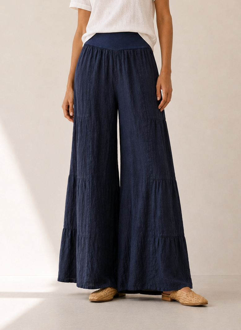 Italian Linen Tiered Palazzo Pants (Navy)