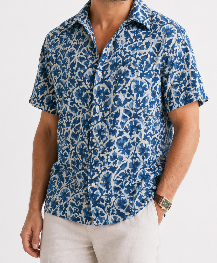 Hand-Block Printed Cotton Voile Shirt - Indigo Vine