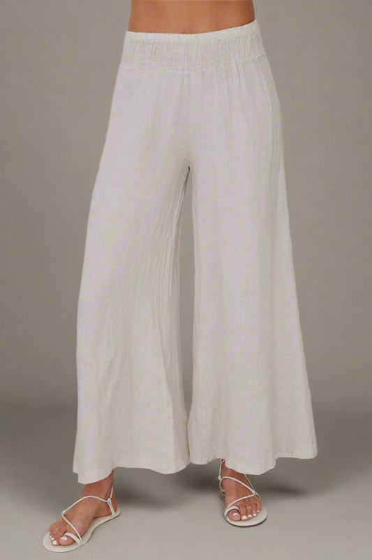 Linen Smocked Waist Palazzo Pant (Stone)