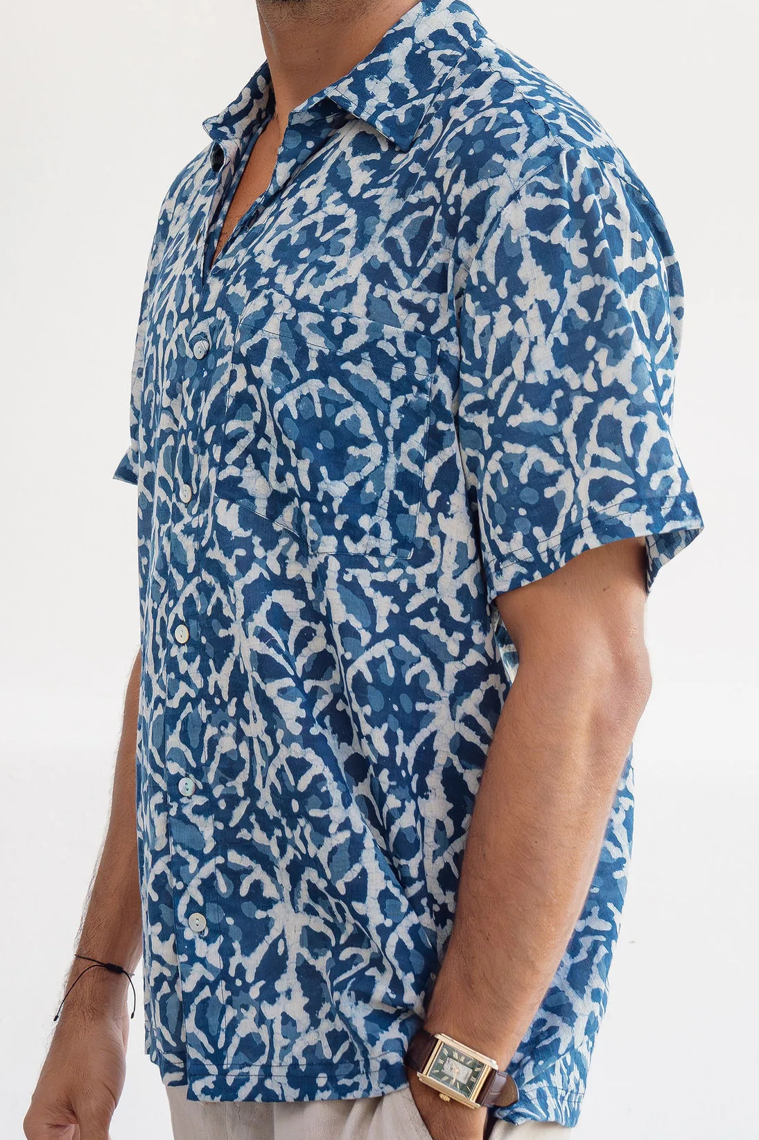 Hand-Block Printed Cotton Voile Shirt - Indigo Vine