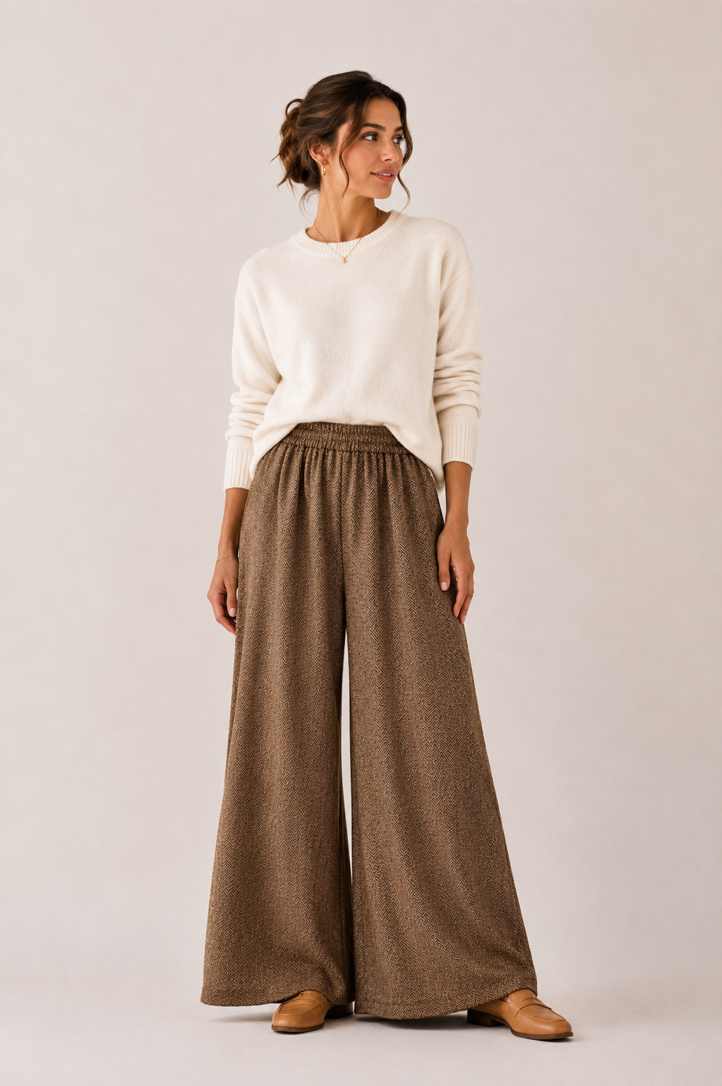 Herringbone Palazzo Pants - Tobacco