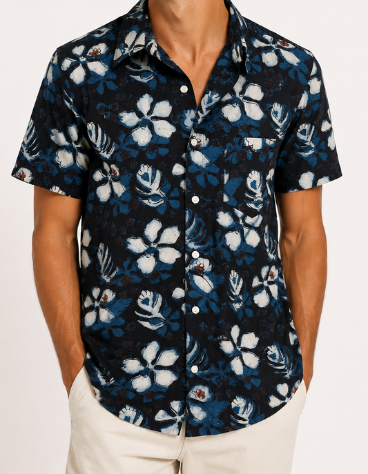 Hand-Block Printed Organic Cotton Shirt - Aloha After Dark