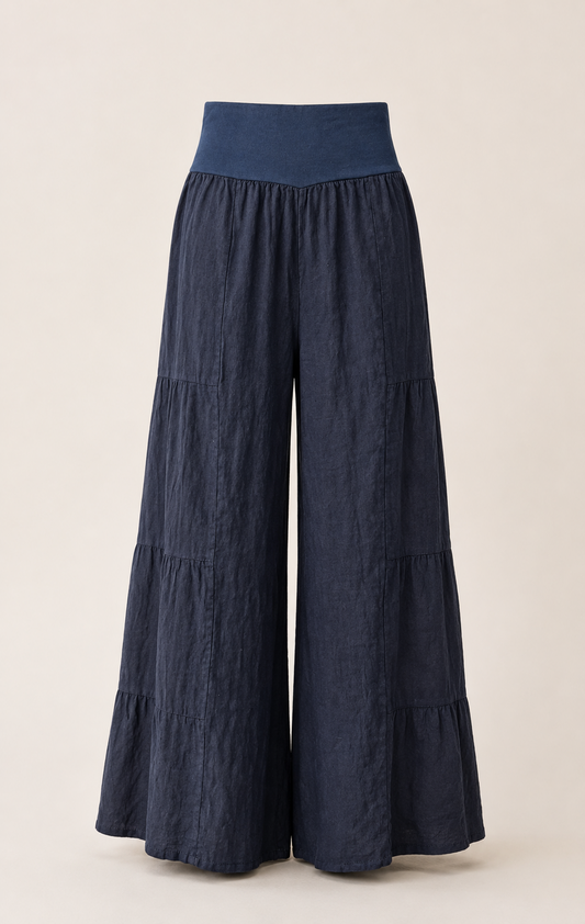 Italian Linen Tiered Palazzo Pants (Navy)