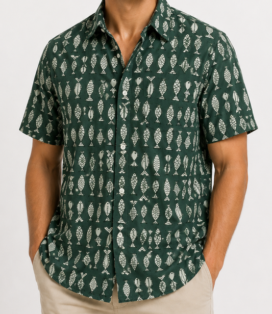 Hand-Block Printed Organic Cotton Shirt - Pescado