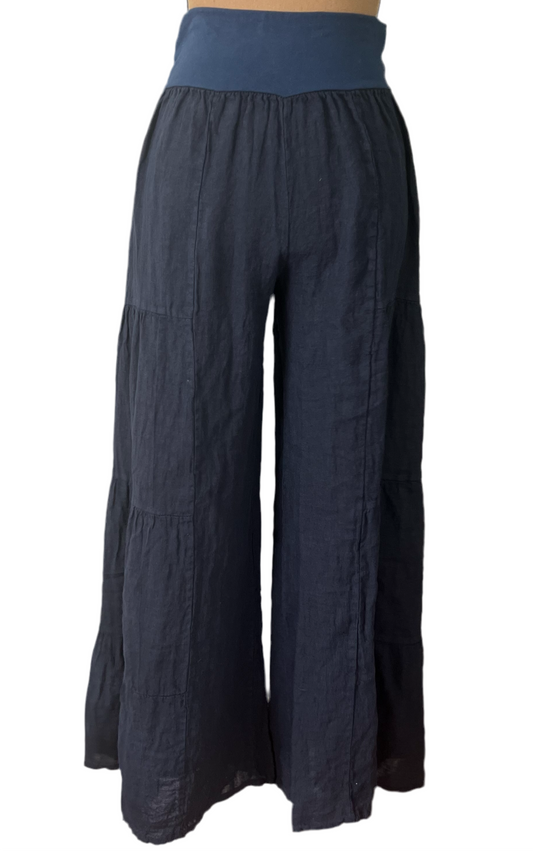 Italian Linen Tiered Palazzo Pant (Navy)