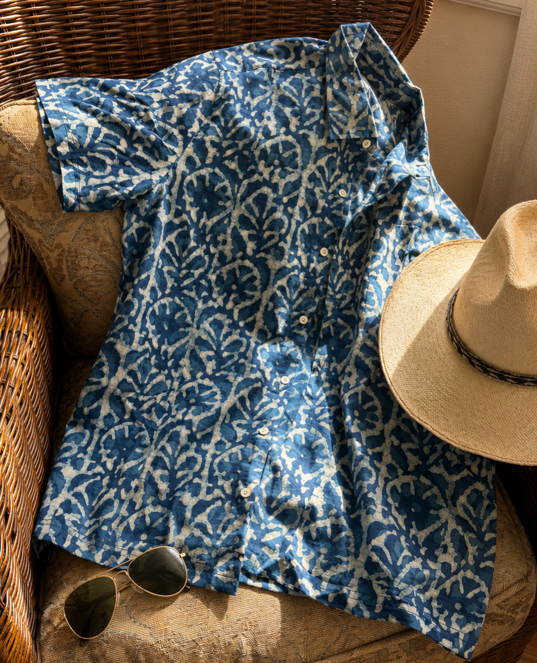 Hand-Block Printed Cotton Voile Shirt - Indigo Vine