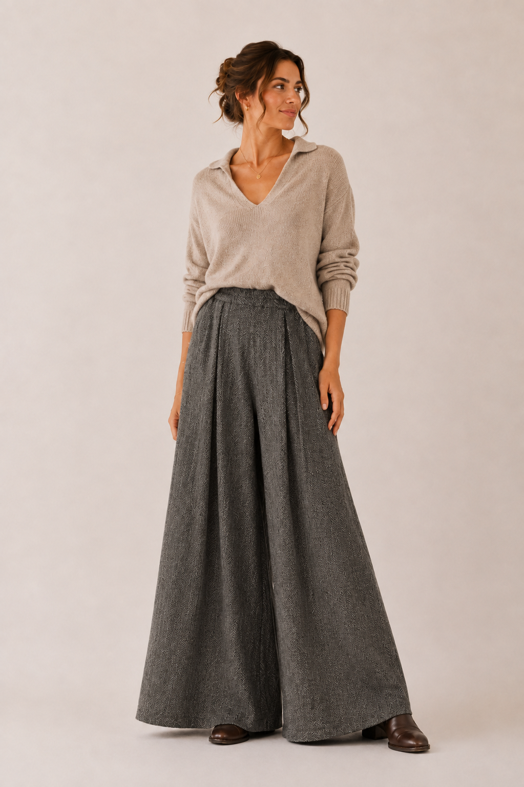 Herringbone Palazzo Pants - Charcoal