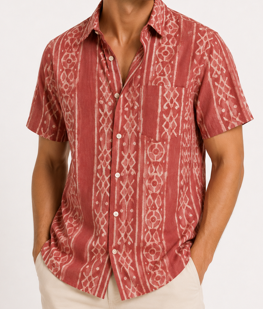 Hand-Block Printed Organic Cotton Shirt - Brick Mezcal