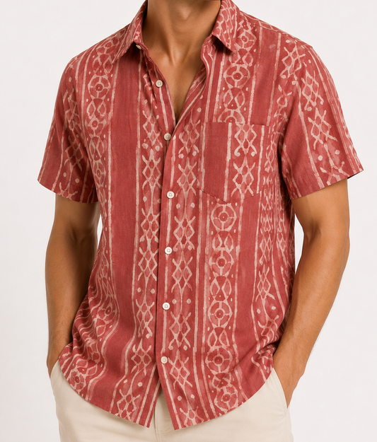 Hand-Block Printed Organic Cotton Shirt - Brick Mezcal